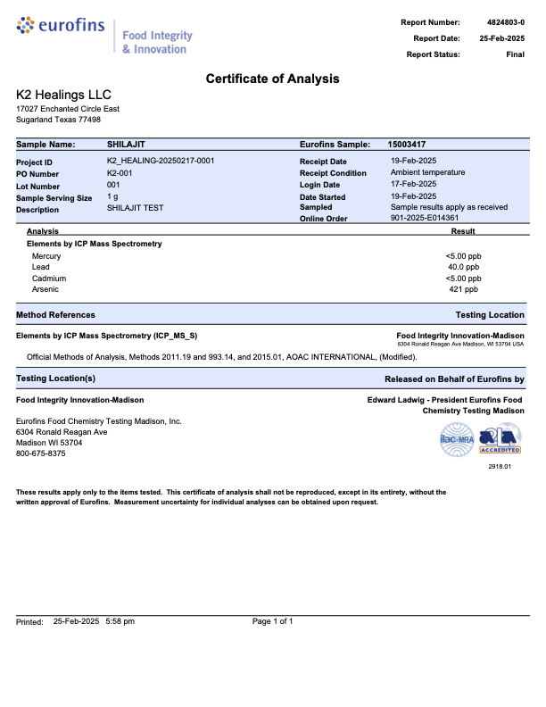Certificate of Analysis from Eurofins Food Integrity & Innovation Penguin Shilajit