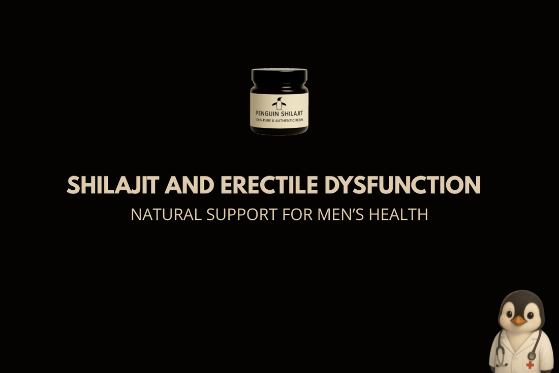 Pure Himalayan Shilajit resin jar beside herbal ingredients symbolizing natural support for erectile dysfunction and men’s vitality.