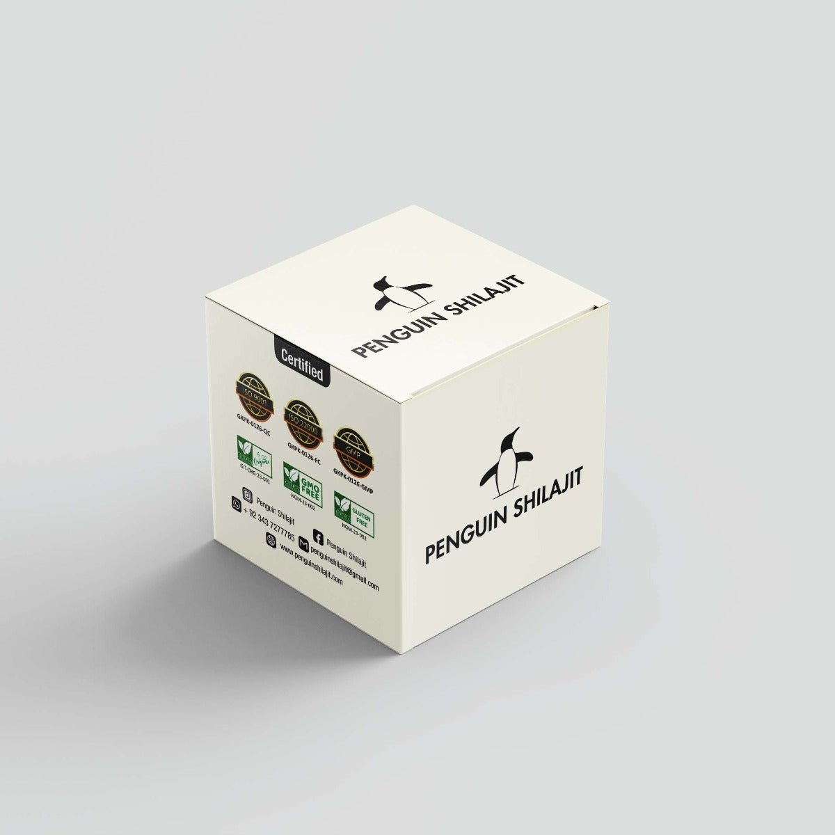 White cube-shaped box with 'Penguin Shilajit' branding on a light gray background