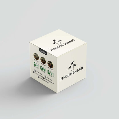White cube-shaped box with 'Penguin Shilajit' branding on a light gray background