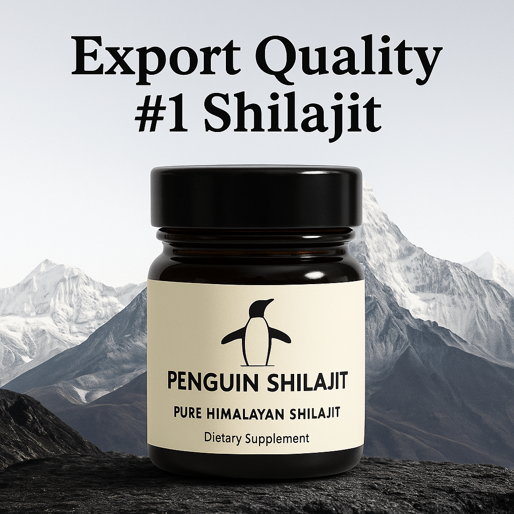 Bottle of Penguin Shilajit with a mountainous background