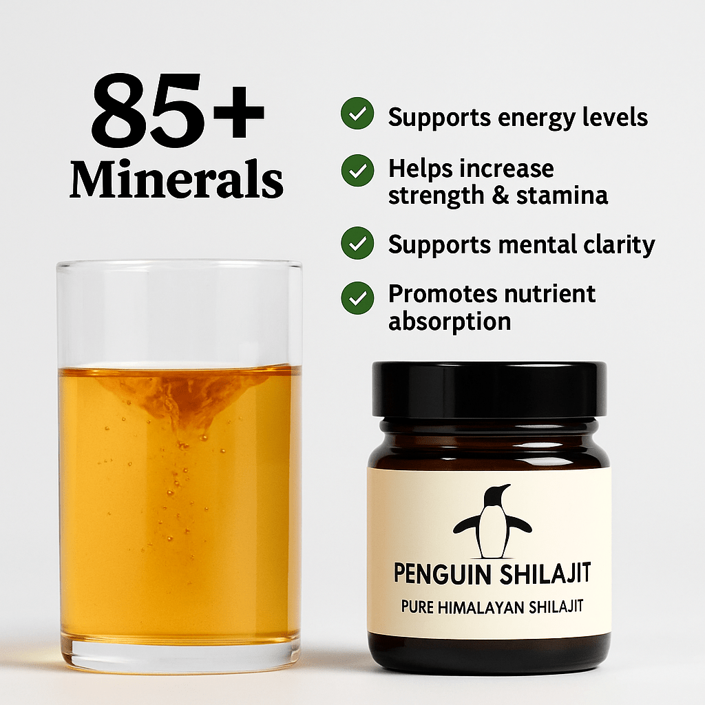 Penguin Shilajit jar with a glass of liquid on a white background, featuring product benefits.