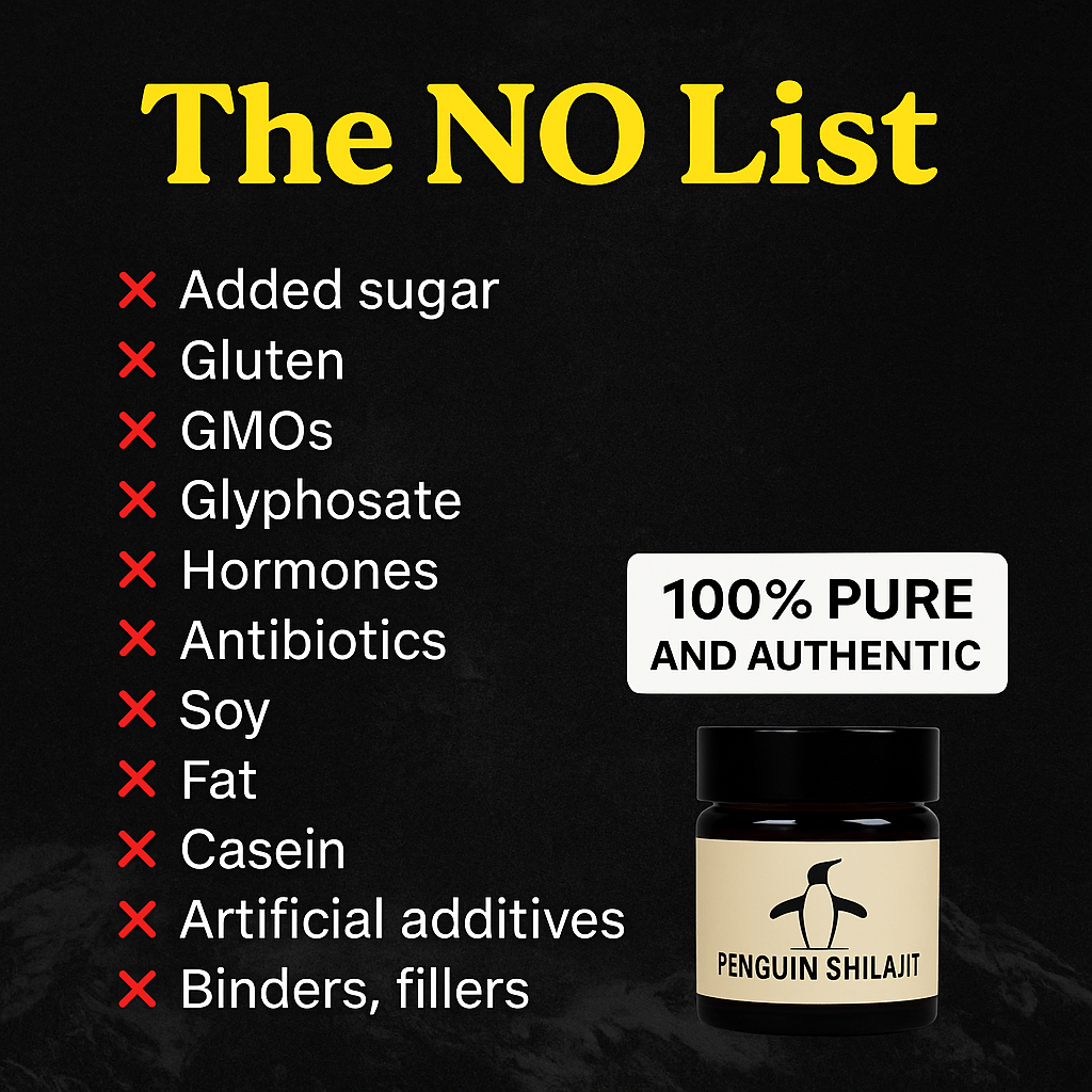 List of 'No' items on a black background with a jar labeled 'Penguin Shilajit'.