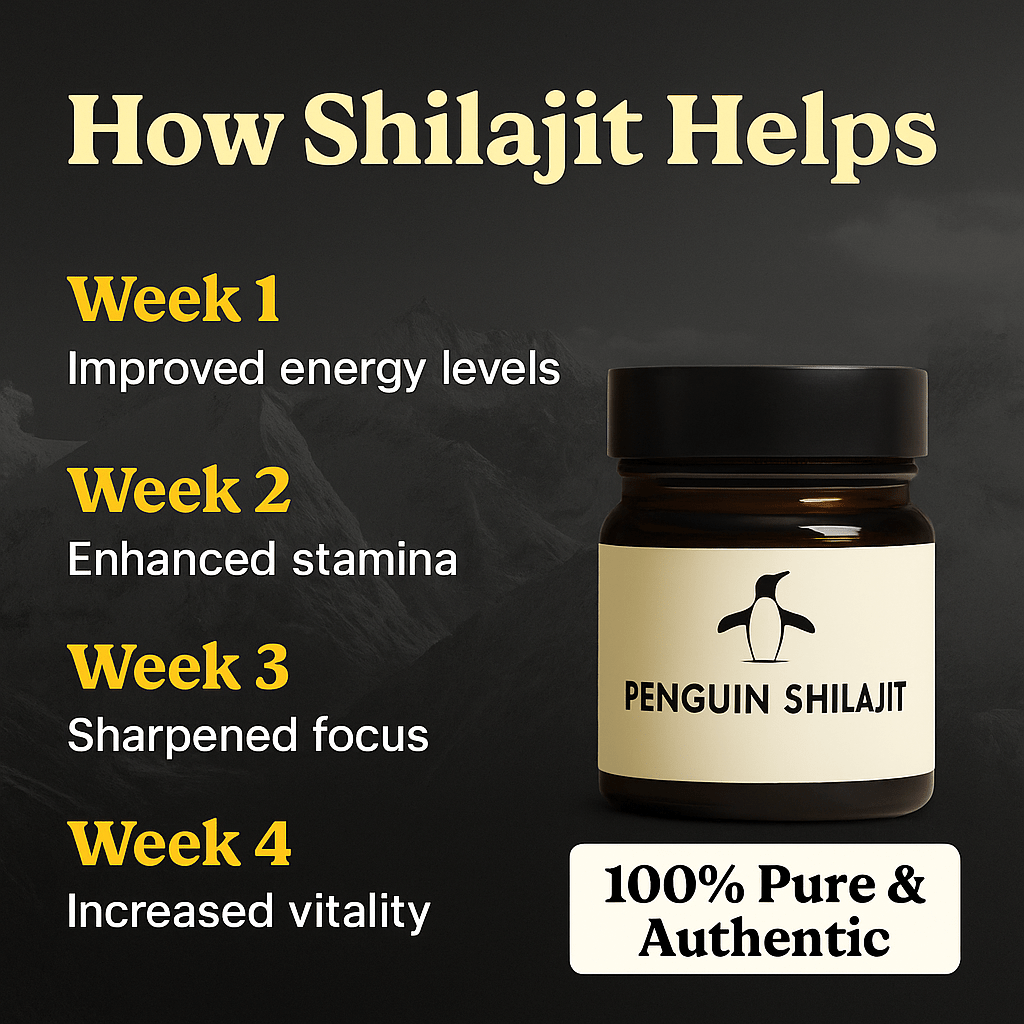 Penguin Shilajit bottle with benefits listed on a dark background