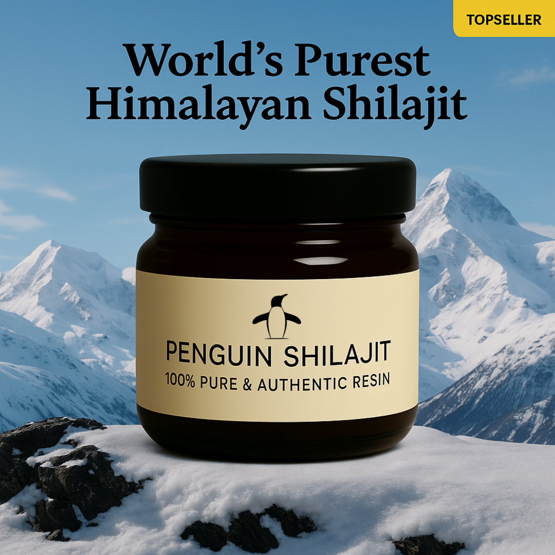 Jar of Penguin Shilajit with Himalayan mountain landscape in the background