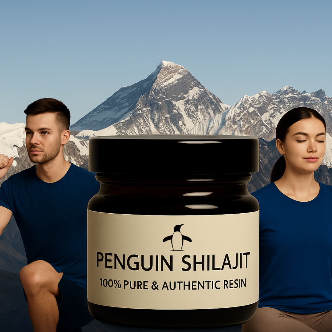 Jar of Penguin Shilajit with two people sitting against a mountainous background